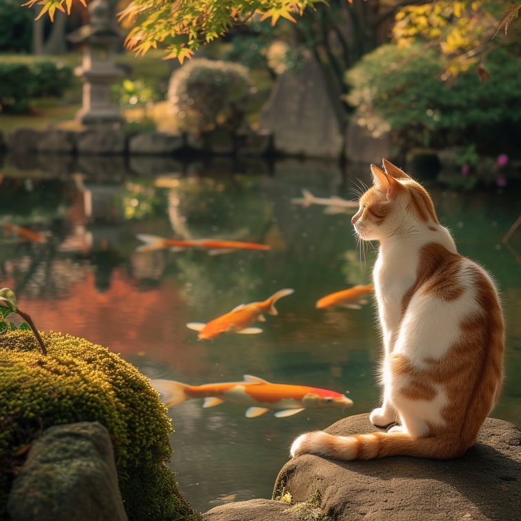 a cat sits calmly