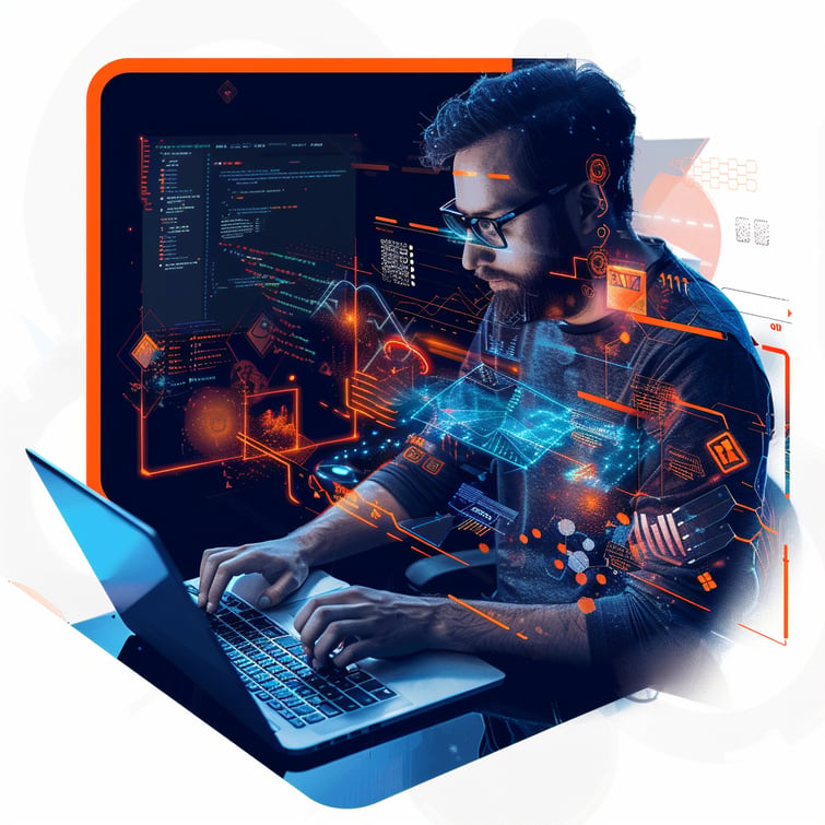 Create a photo with a man working on a computer
