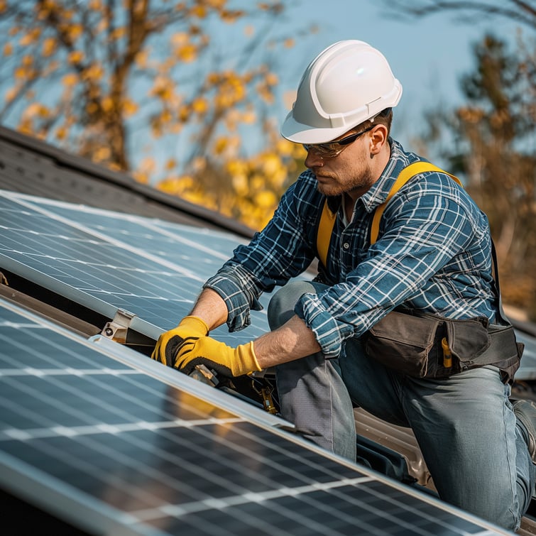 Maintenance engineer repairing a solar panel