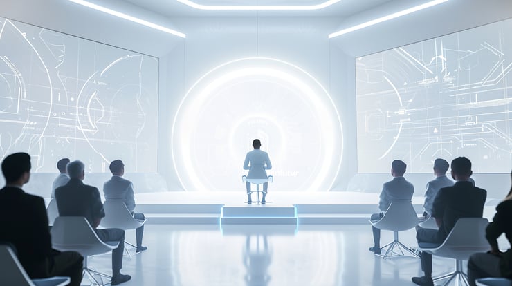 futuristic tech product launch stage in all white minimalist