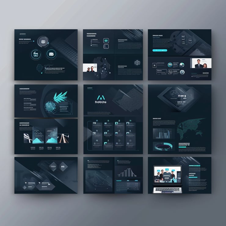 business presentation layout includes different pages and images, softwares and technology