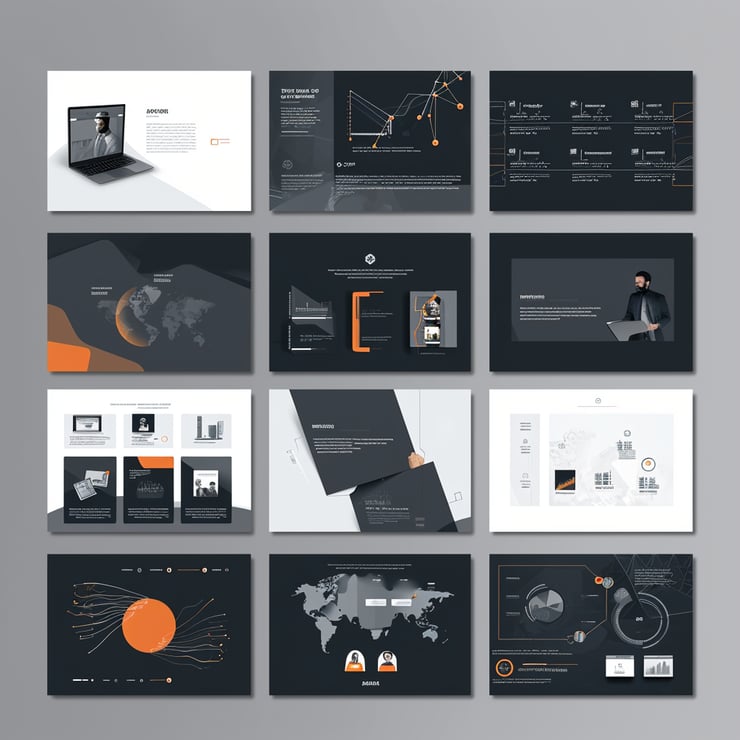 business presentation layout includes different pages and images, softwares and technology