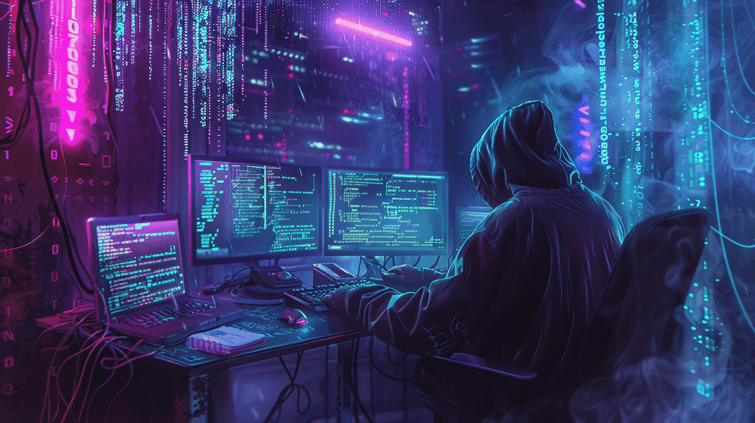  cyberhacker wearing a hoodie, seen from behind coding a script 