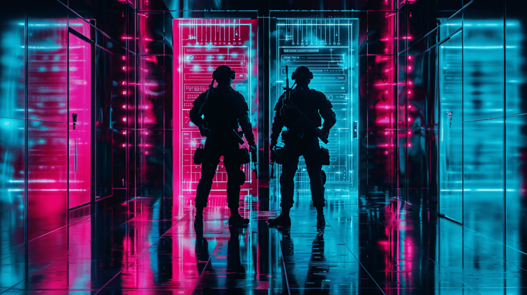 Surreal image of two armed guards standing infront of a closed digital vault door