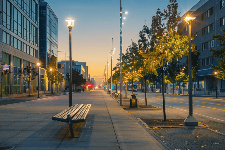 Photograph of a modern realistic city roadside scene with LED light posts highlighting urban life