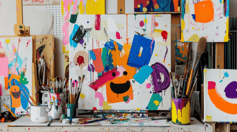 An abstract composition featuring a canvas painting with splashes of vibrant colors