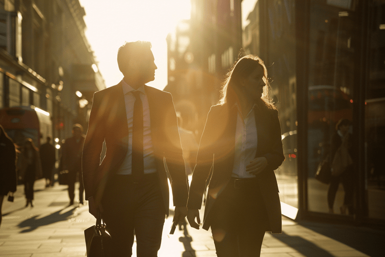 Office professionals walking down the street engaging in discussions