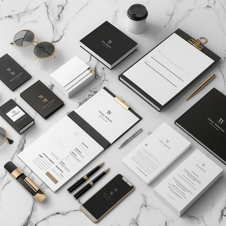 Marketing materials and branding kit for a business firm.