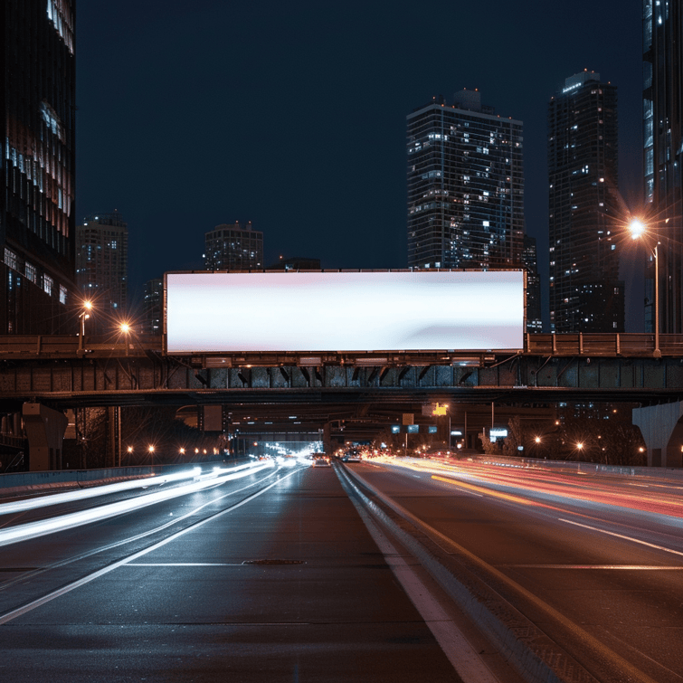 An empty ooh lighted billboard across a bridge with cars passing by, busy street, night time