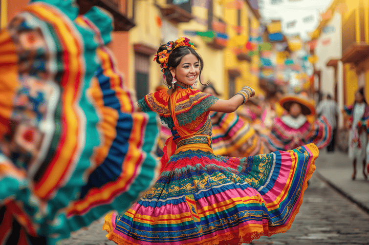 Beautiful young Mexican women dancing in the parade celebrating cinco de mayo