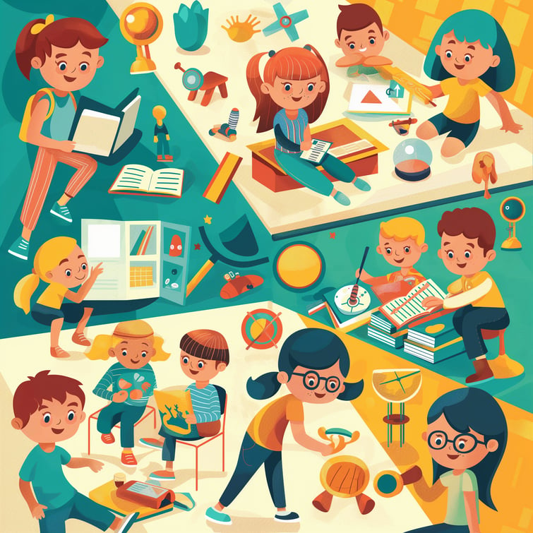 Illustration poster for a pre school care center featuring children engaging in activities