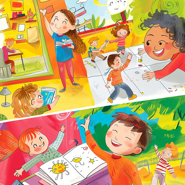 Illustration poster for a pre school care center featuring children engaging in activities