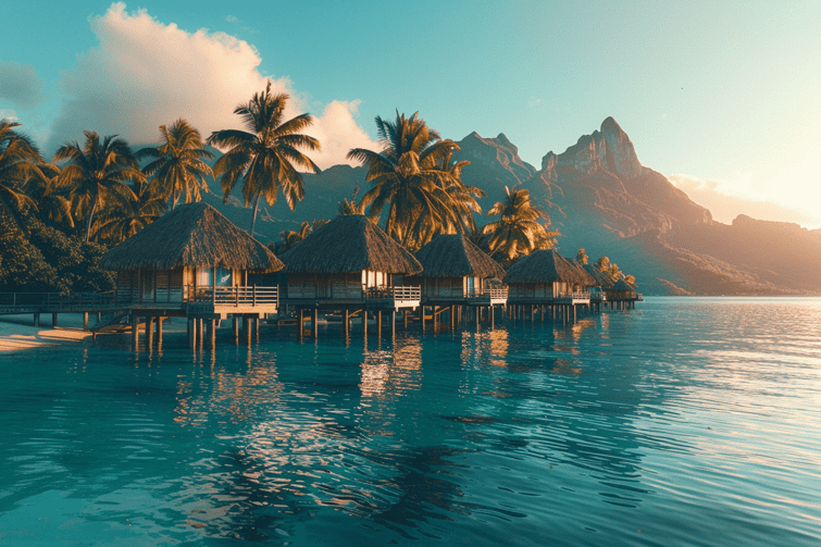 A Serene Beach Scene with Cottages and Mountain Background for Social Post