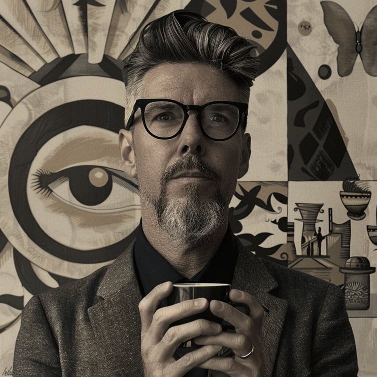 Medium shot of a 40yr old Australian business man with glasses drinking coffee