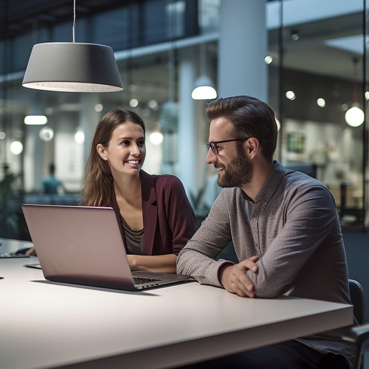 2 officemates discussing in front of a laptop
