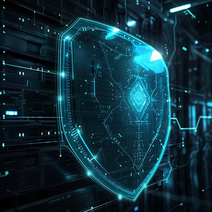 the futuristic cyber shield sitting in the background