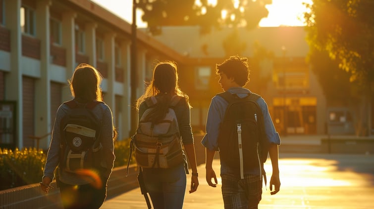 3 high school students walking towards the high school building