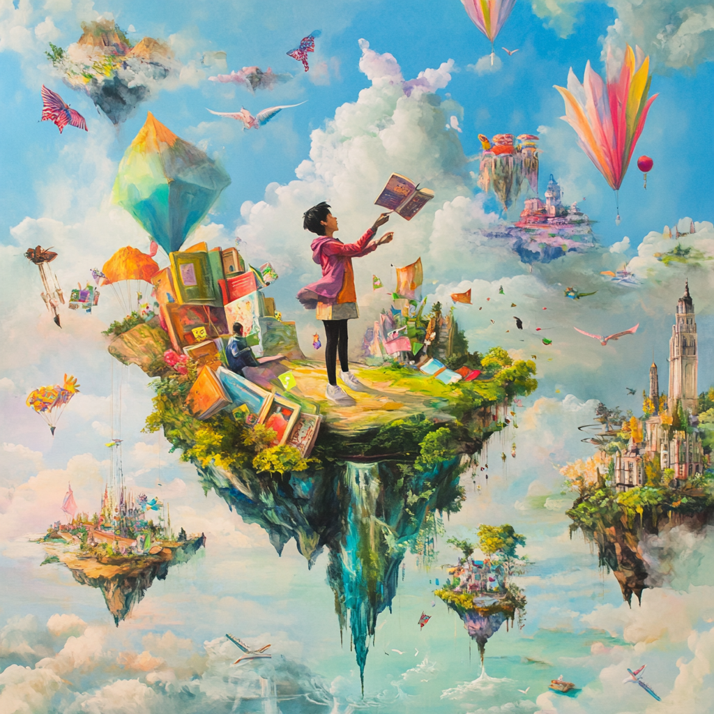 A whimsical surreal artwork where young people are floating in a dreamscape 