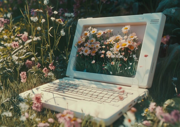 Flowers growing out of a white laptop