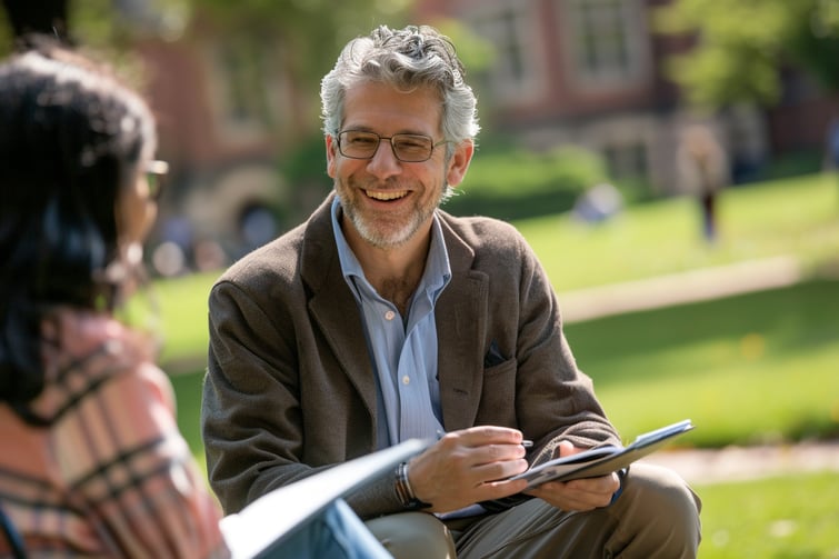 A professor teaching a group of students within campus grounds