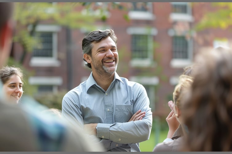 A professor teaching a group of students within campus grounds