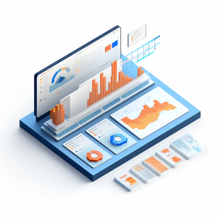 A clean and minimalist isometric icon of a laptop, elements depicting data