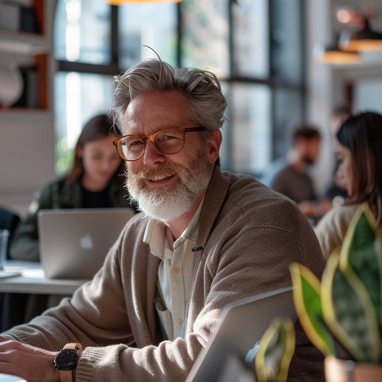 happy 50 year old man working in an office