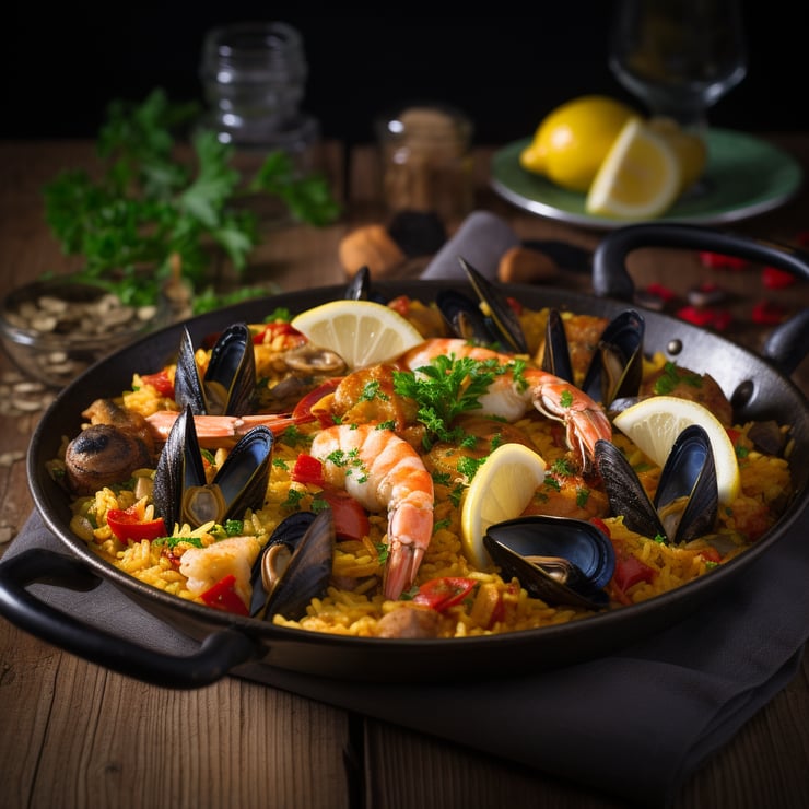 gourmet shot of paella, prepared in Spanish culinary style