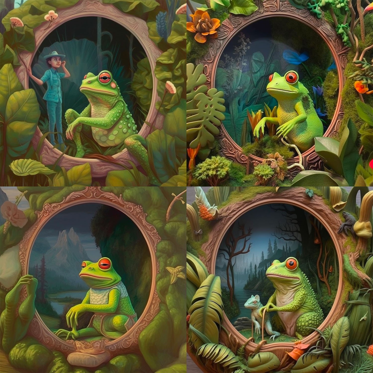 Green Frog Sitting in a Frame Like Oval Enclosure