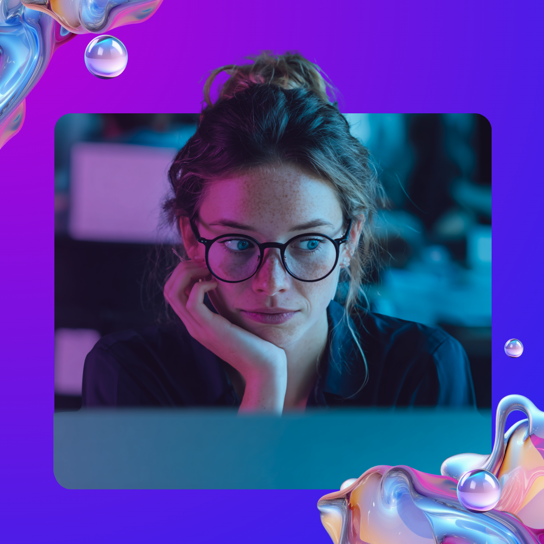 Woman wearing glasses looks thoughtfully at a laptop, framed by a vibrant purple gradient background with futuristic 3D abstract accents